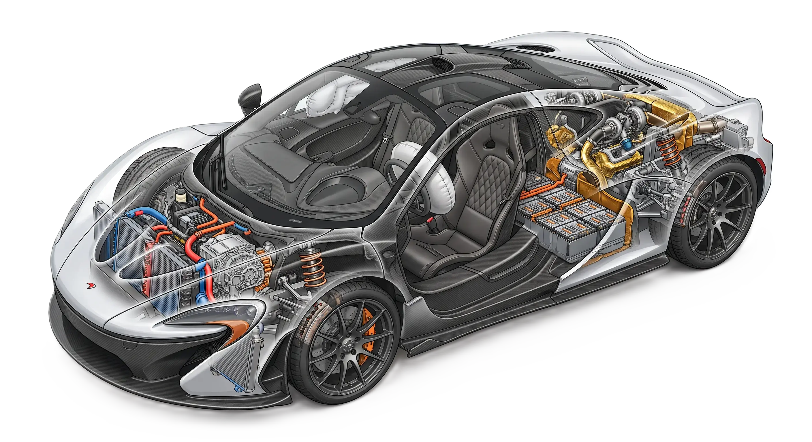 Cutaway of a McLaren P1 showing its internal parts — engine, battery, suspension and brakes